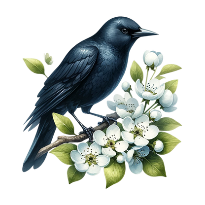 Black Crow Bird With White Flowers Vinyl Sticker Decal