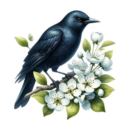 Black Crow Bird With White Flowers Vinyl Sticker Decal