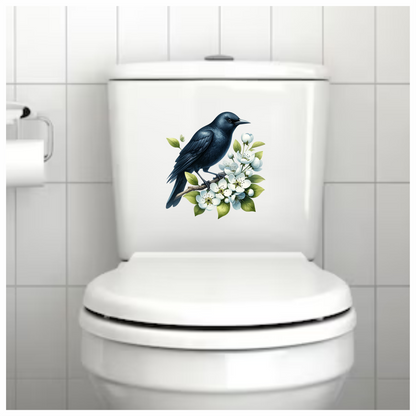 Black Crow Bird With White Flowers Vinyl Sticker Decal