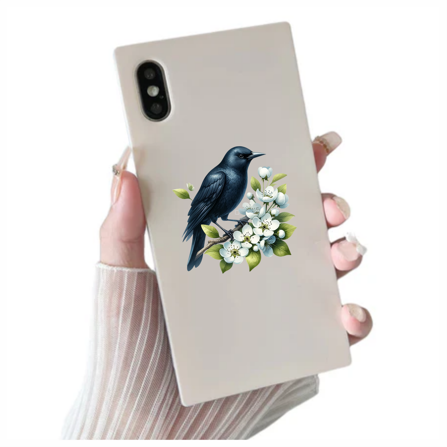 Black Crow Bird With White Flowers Vinyl Sticker Decal