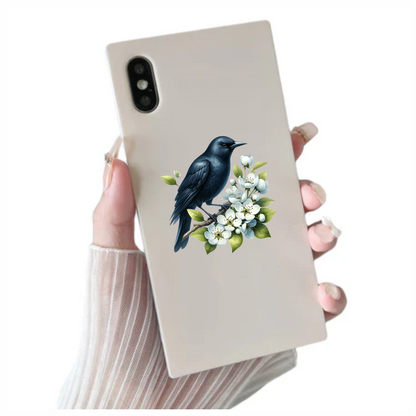 Black Crow Bird With White Flowers Vinyl Sticker Decal