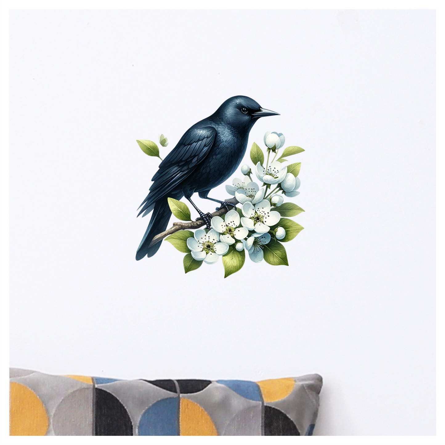Black Crow Bird With White Flowers Vinyl Sticker Decal