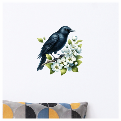 Black Crow Bird With White Flowers Vinyl Sticker Decal
