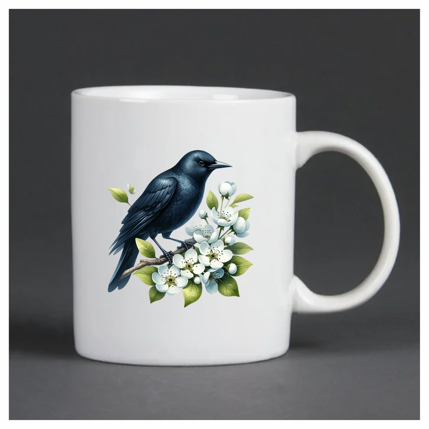 Black Crow Bird With White Flowers Vinyl Sticker Decal