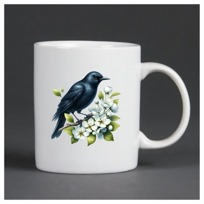 Black Crow Bird With White Flowers Vinyl Sticker Decal
