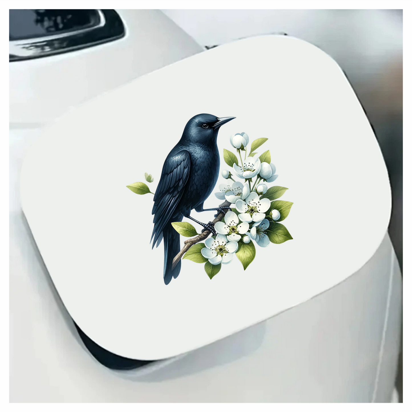 Black Crow Bird With White Flowers Vinyl Sticker Decal