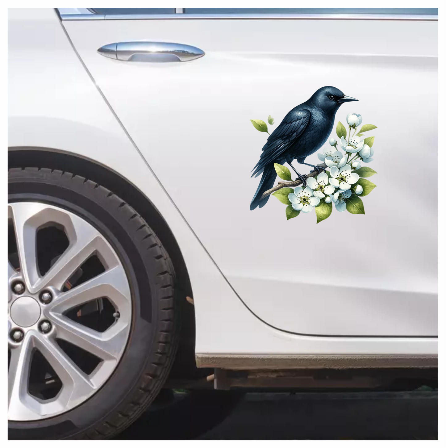 Black Crow Bird With White Flowers Vinyl Sticker Decal