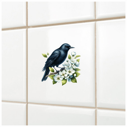 Black Crow Bird With White Flowers Vinyl Sticker Decal