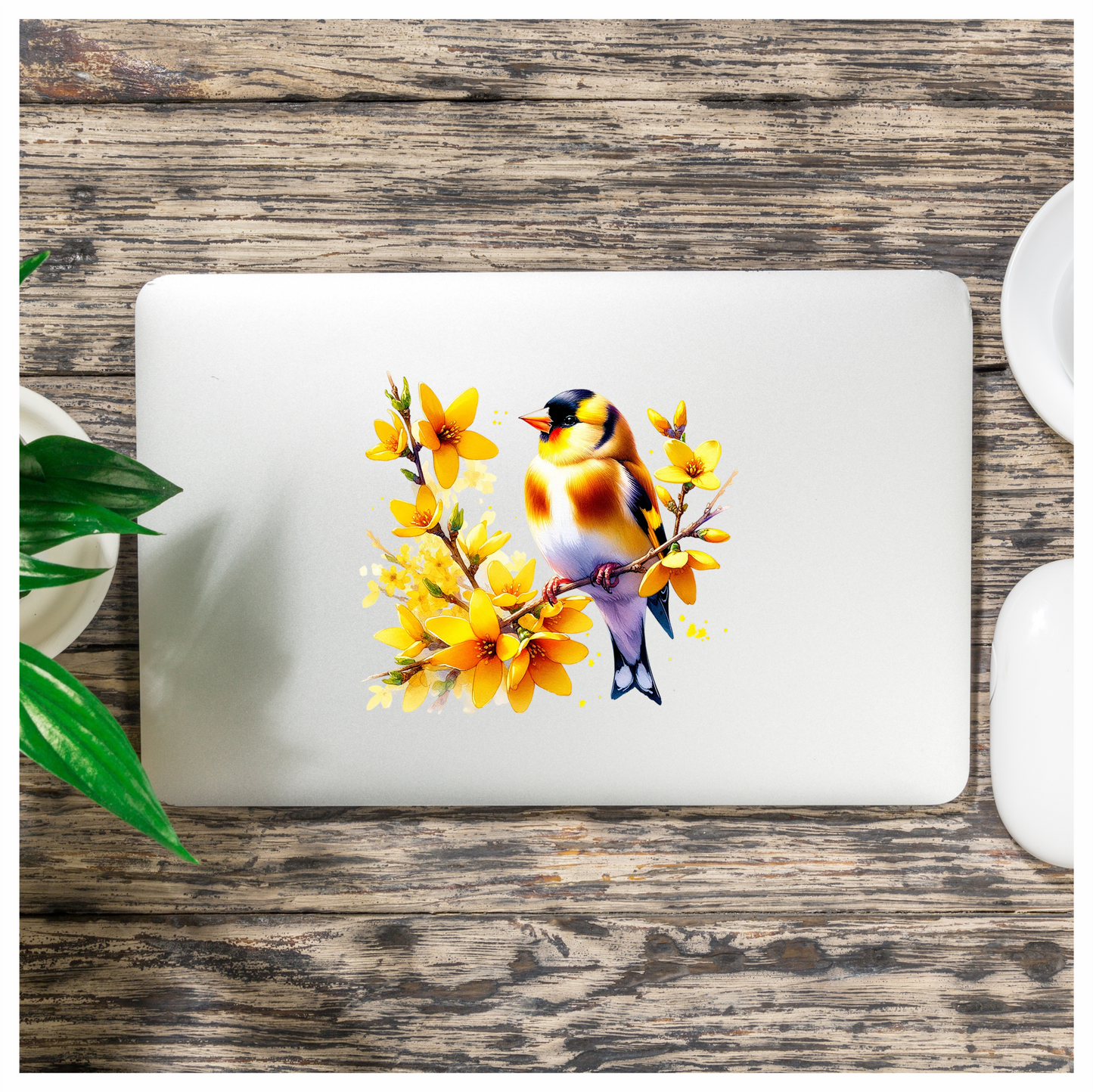Yellow Goldfinch Bird With Yellow Flowers Vinyl Sticker Decal