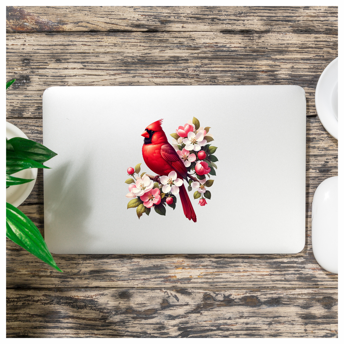 Red Cardinal Bird With Pink Flowers Vinyl Sticker Decal