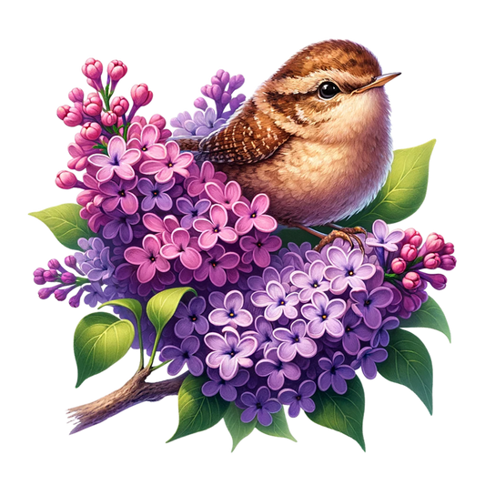 Brown Wren Bird With Purple Flowers Vinyl Sticker Decal