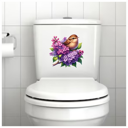 Brown Wren Bird With Purple Flowers Vinyl Sticker Decal
