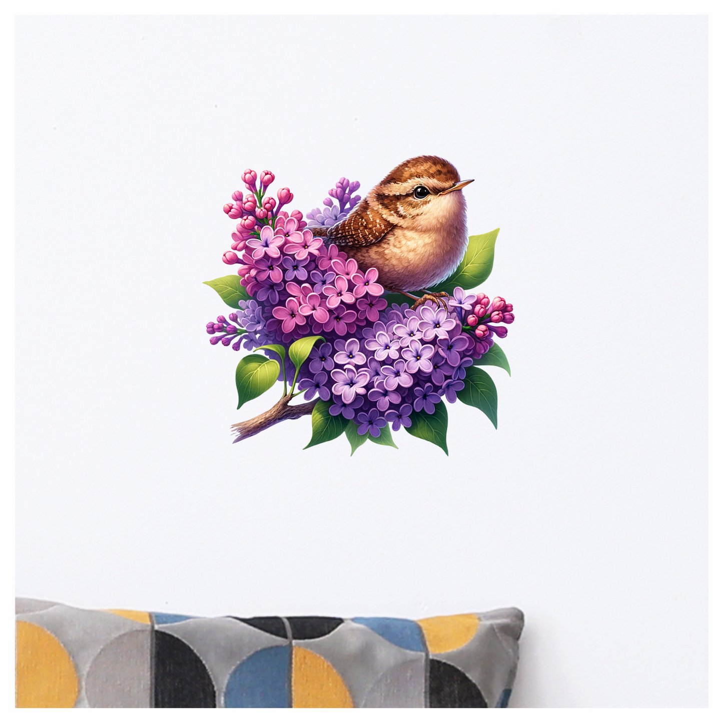 Brown Wren Bird With Purple Flowers Vinyl Sticker Decal