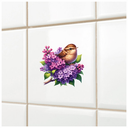 Brown Wren Bird With Purple Flowers Vinyl Sticker Decal