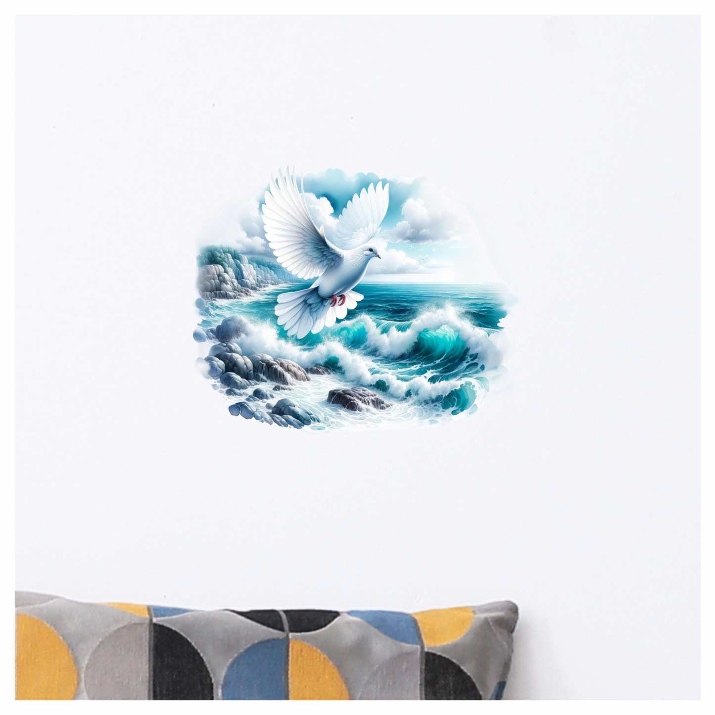 White Dove Bird Flying Over Ocean Vinyl Sticker Decal