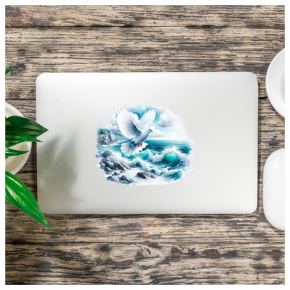 White Dove Bird Flying Over Ocean Vinyl Sticker Decal