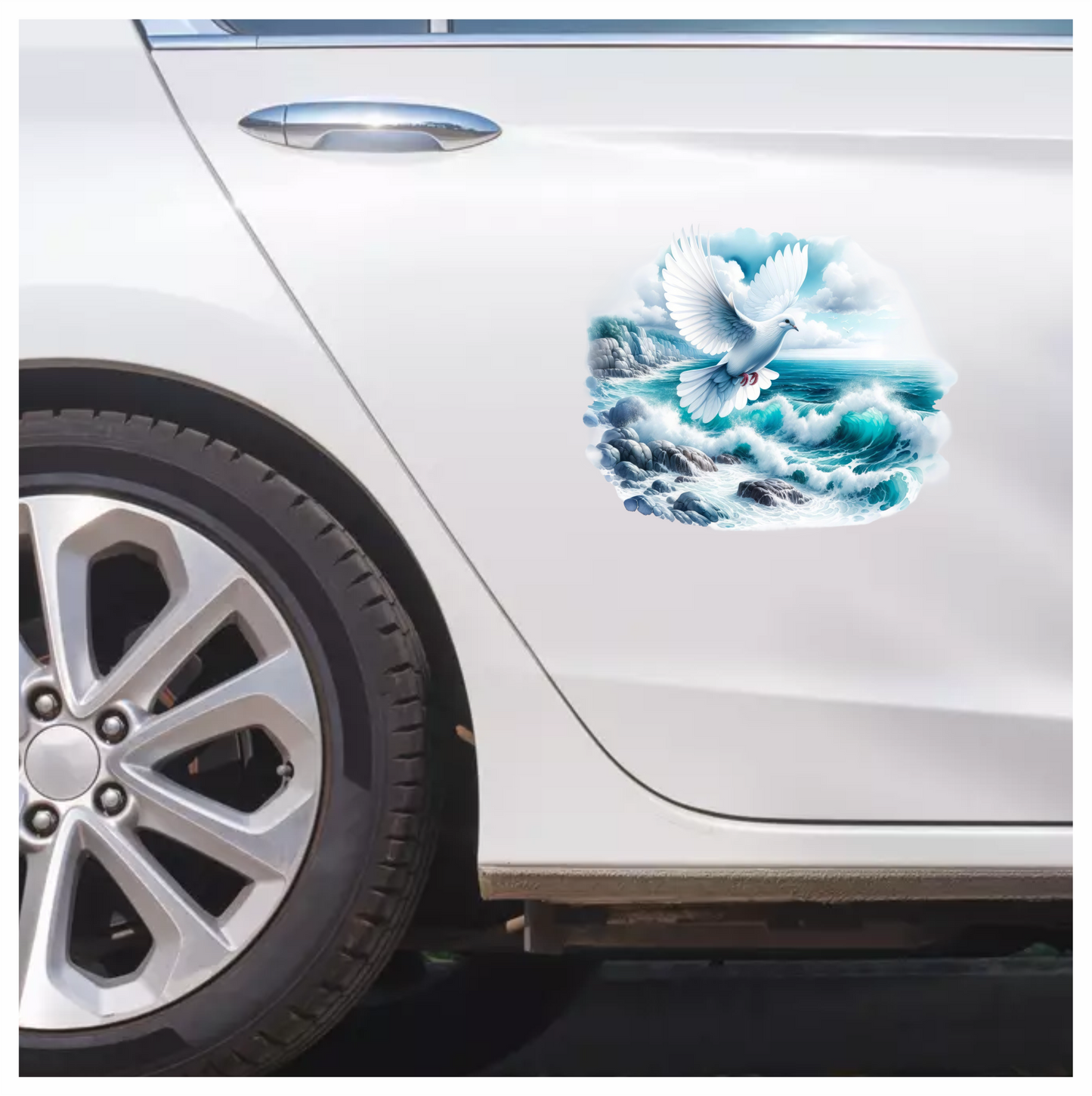 White Dove Bird Flying Over Ocean Vinyl Sticker Decal