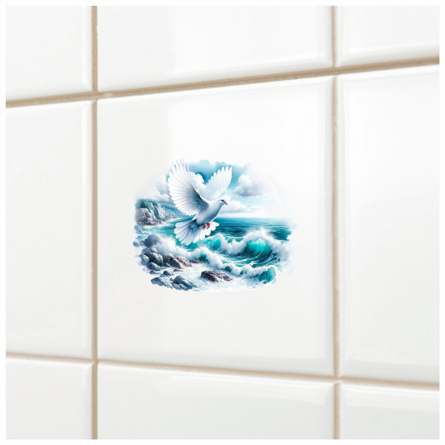 White Dove Bird Flying Over Ocean Vinyl Sticker Decal