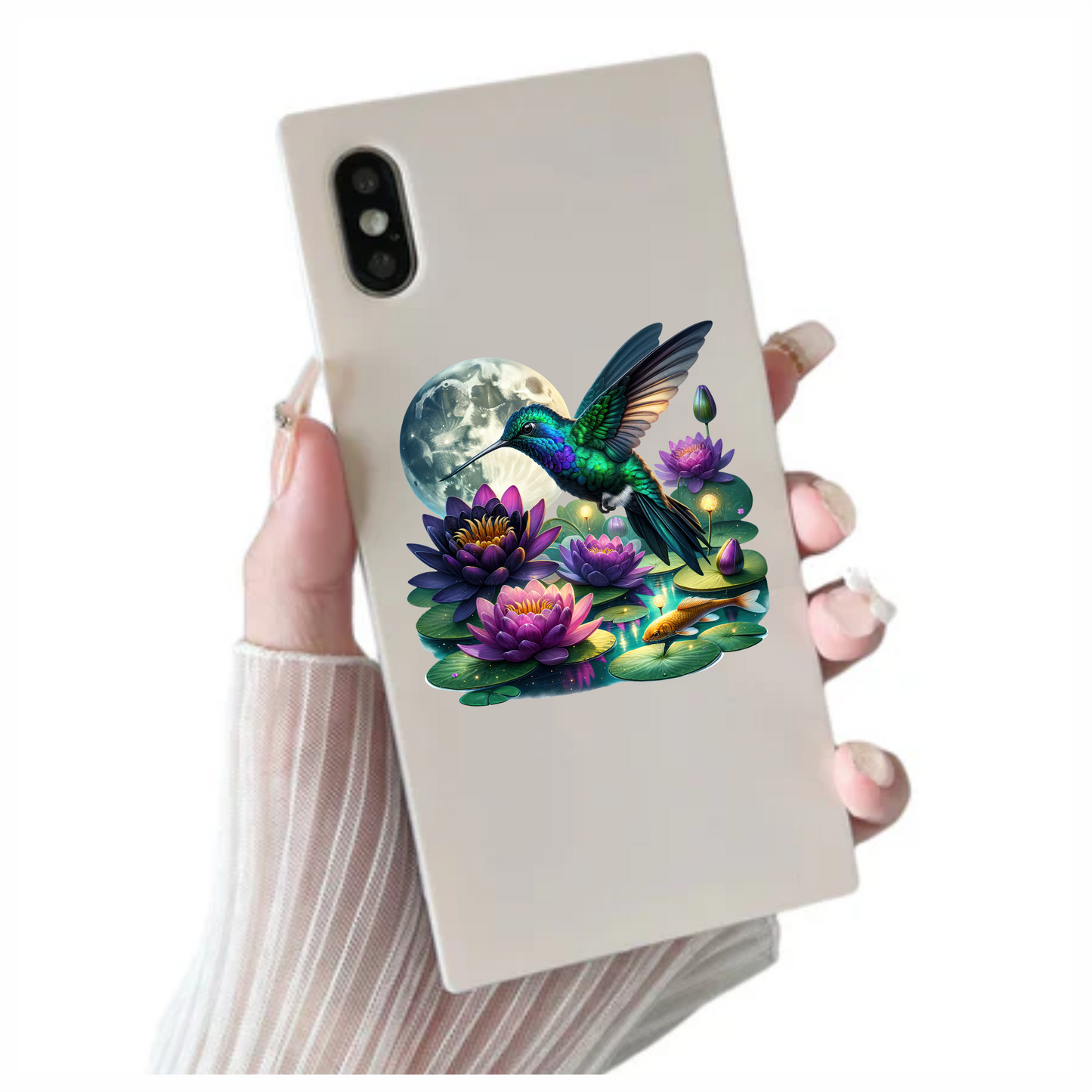 Green Hummingbird Bird Flying Over Flowers Vinyl Sticker Decal