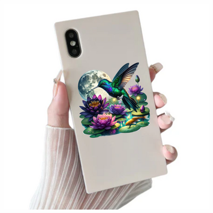 Green Hummingbird Bird Flying Over Flowers Vinyl Sticker Decal