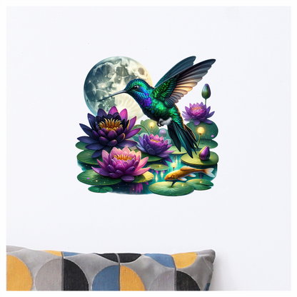 Green Hummingbird Bird Flying Over Flowers Vinyl Sticker Decal
