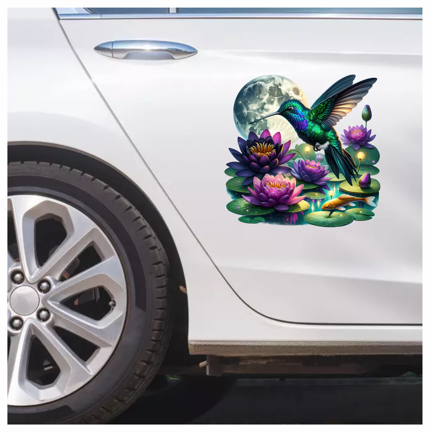 Green Hummingbird Bird Flying Over Flowers Vinyl Sticker Decal