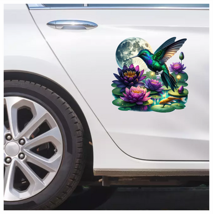 Green Hummingbird Bird Flying Over Flowers Vinyl Sticker Decal