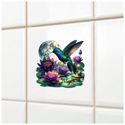 Green Hummingbird Bird Flying Over Flowers Vinyl Sticker Decal