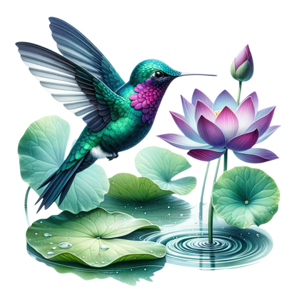 Green Hummingbird Bird Near Lotus Flower Vinyl Sticker Decal
