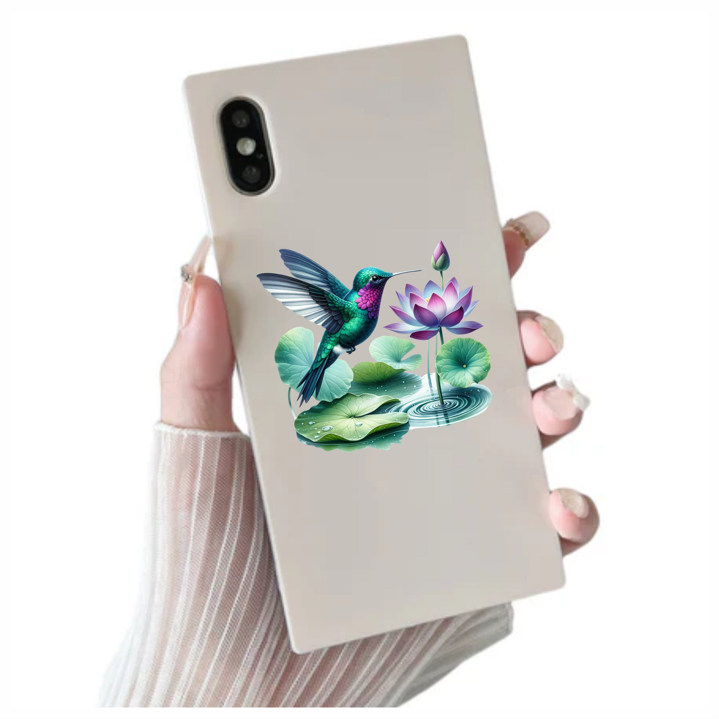 Green Hummingbird Bird Near Lotus Flower Vinyl Sticker Decal