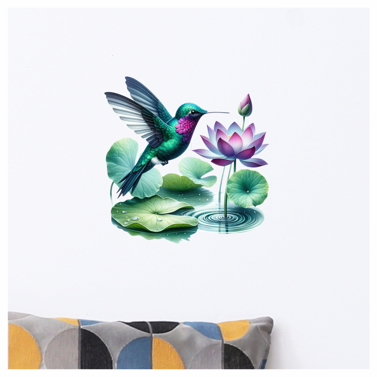 Green Hummingbird Bird Near Lotus Flower Vinyl Sticker Decal