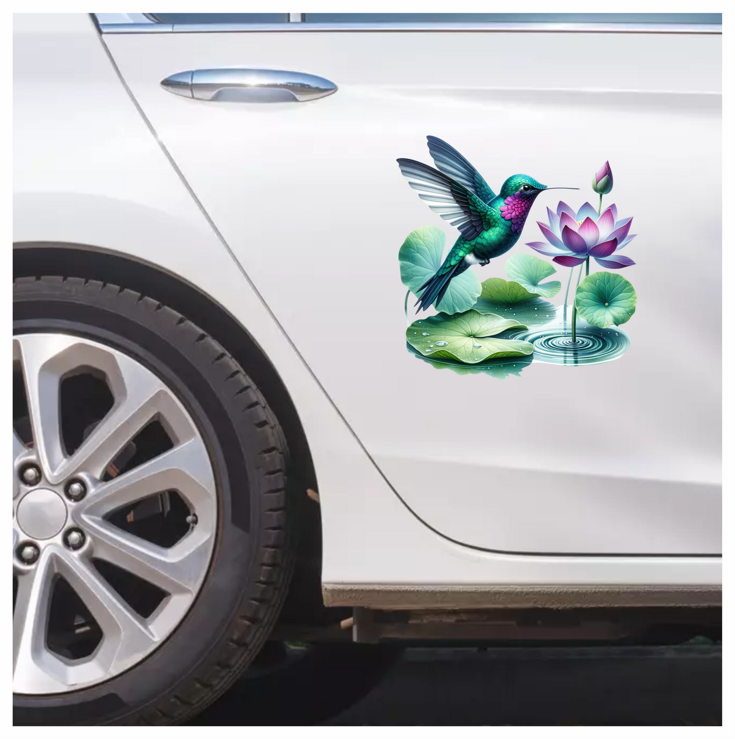 Green Hummingbird Bird Near Lotus Flower Vinyl Sticker Decal