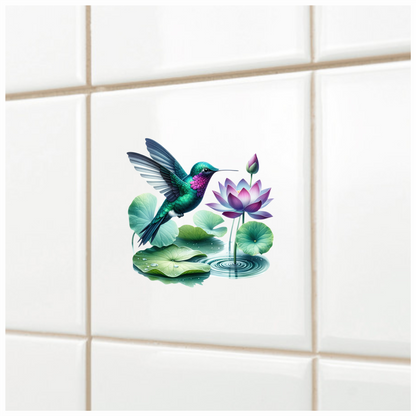 Green Hummingbird Bird Near Lotus Flower Vinyl Sticker Decal