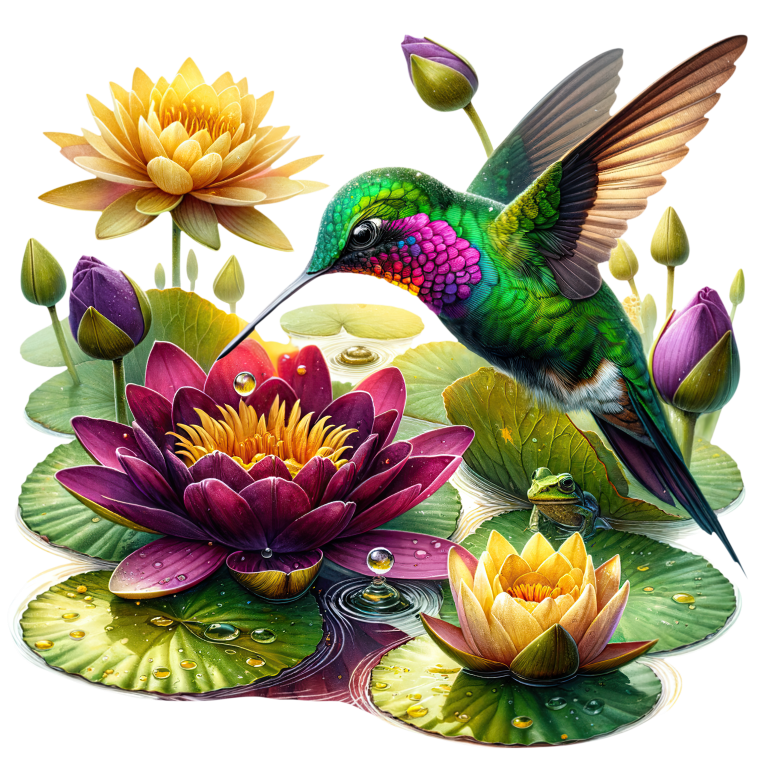 Green Hummingbird Bird Hovering Over Lilies Vinyl Sticker Decal