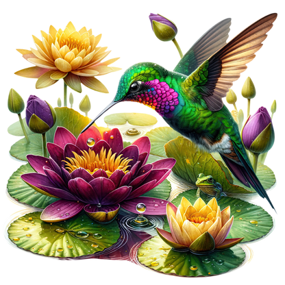 Green Hummingbird Bird Hovering Over Lilies Vinyl Sticker Decal