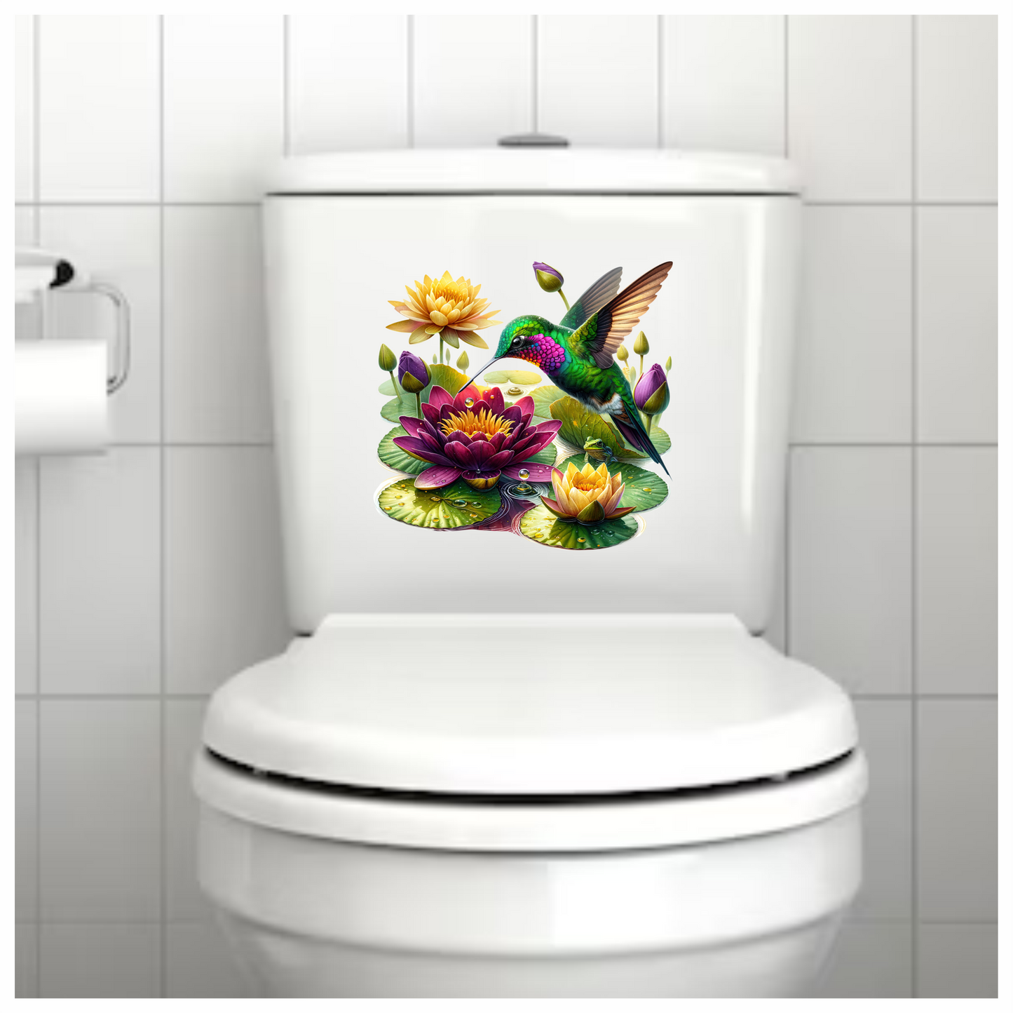 Green Hummingbird Bird Hovering Over Lilies Vinyl Sticker Decal