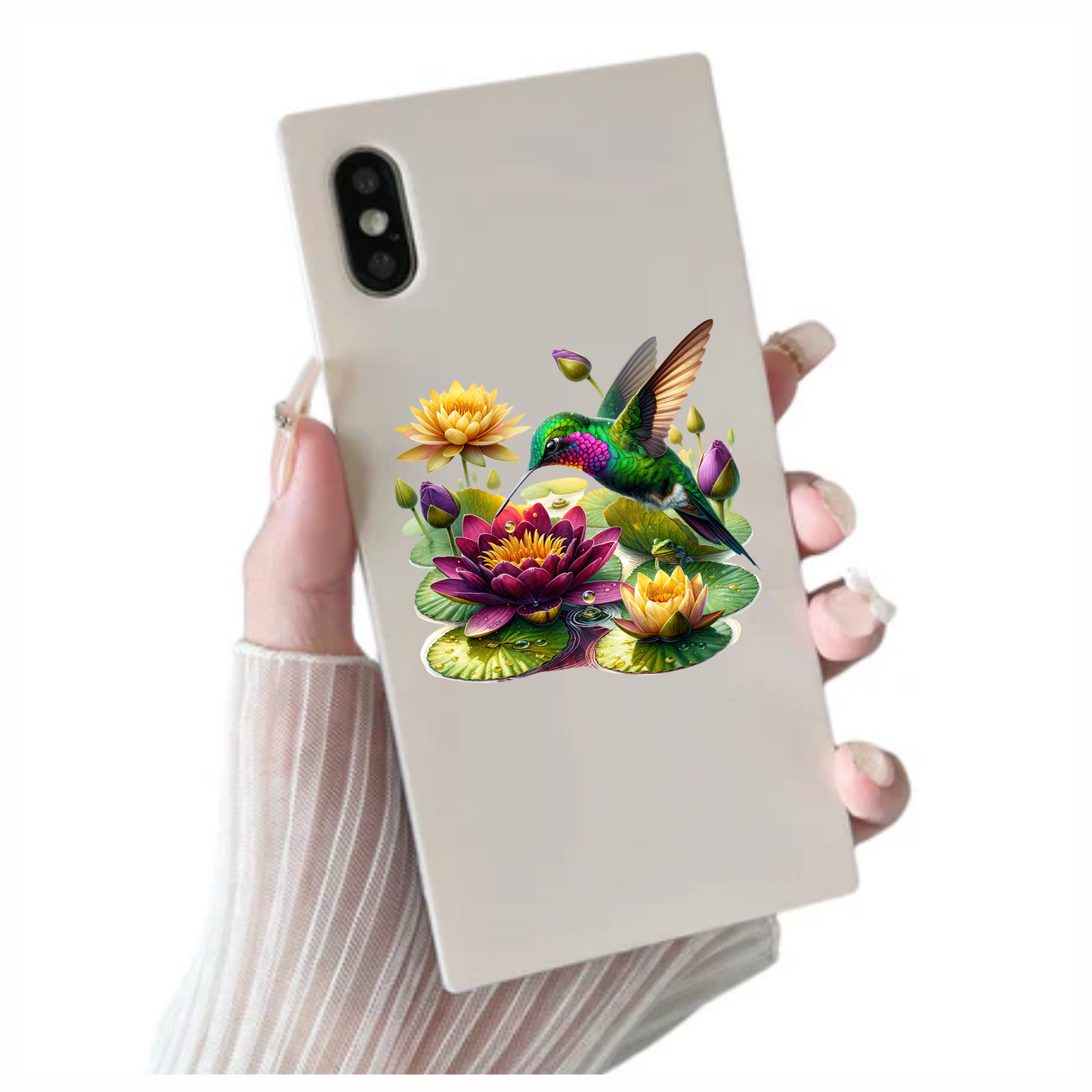 Green Hummingbird Bird Hovering Over Lilies Vinyl Sticker Decal