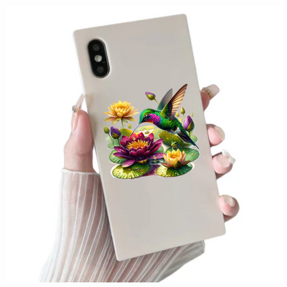 Green Hummingbird Bird Hovering Over Lilies Vinyl Sticker Decal