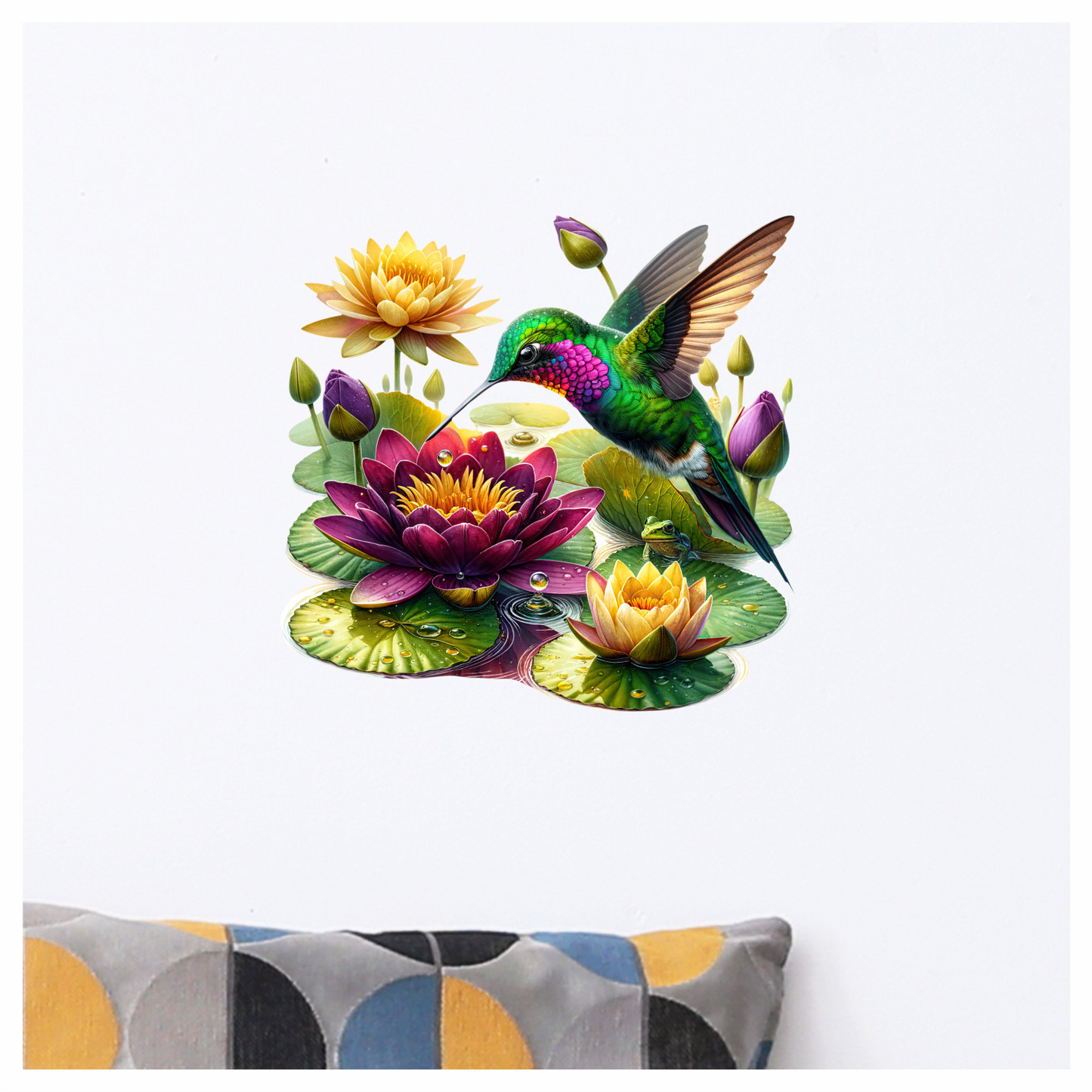 Green Hummingbird Bird Hovering Over Lilies Vinyl Sticker Decal