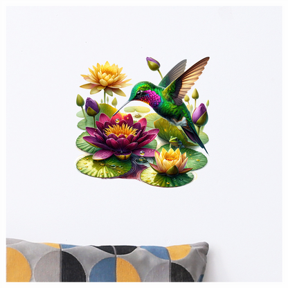 Green Hummingbird Bird Hovering Over Lilies Vinyl Sticker Decal