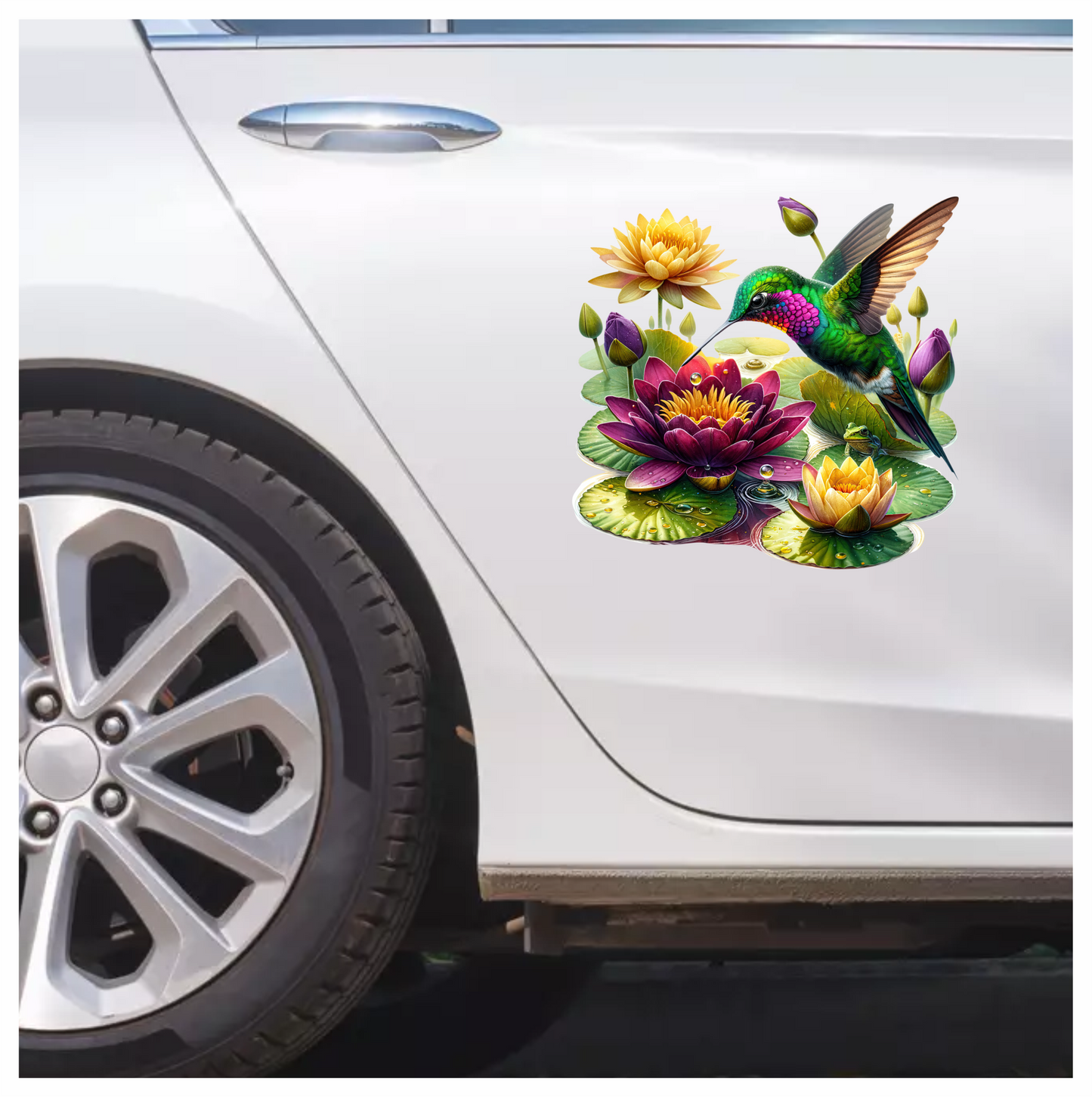 Green Hummingbird Bird Hovering Over Lilies Vinyl Sticker Decal