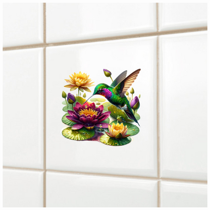 Green Hummingbird Bird Hovering Over Lilies Vinyl Sticker Decal