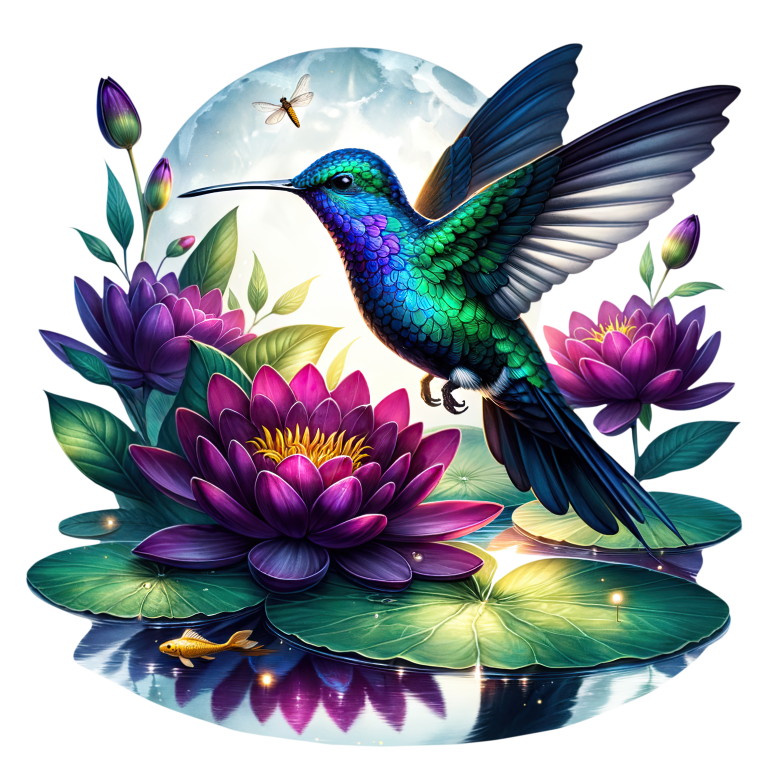 Blue Hummingbird Bird Flying Over Lilies Vinyl Sticker Decal