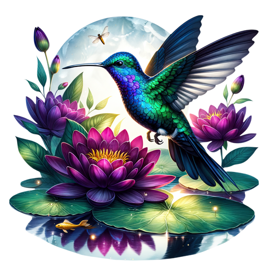 Blue Hummingbird Bird Flying Over Lilies Vinyl Sticker Decal
