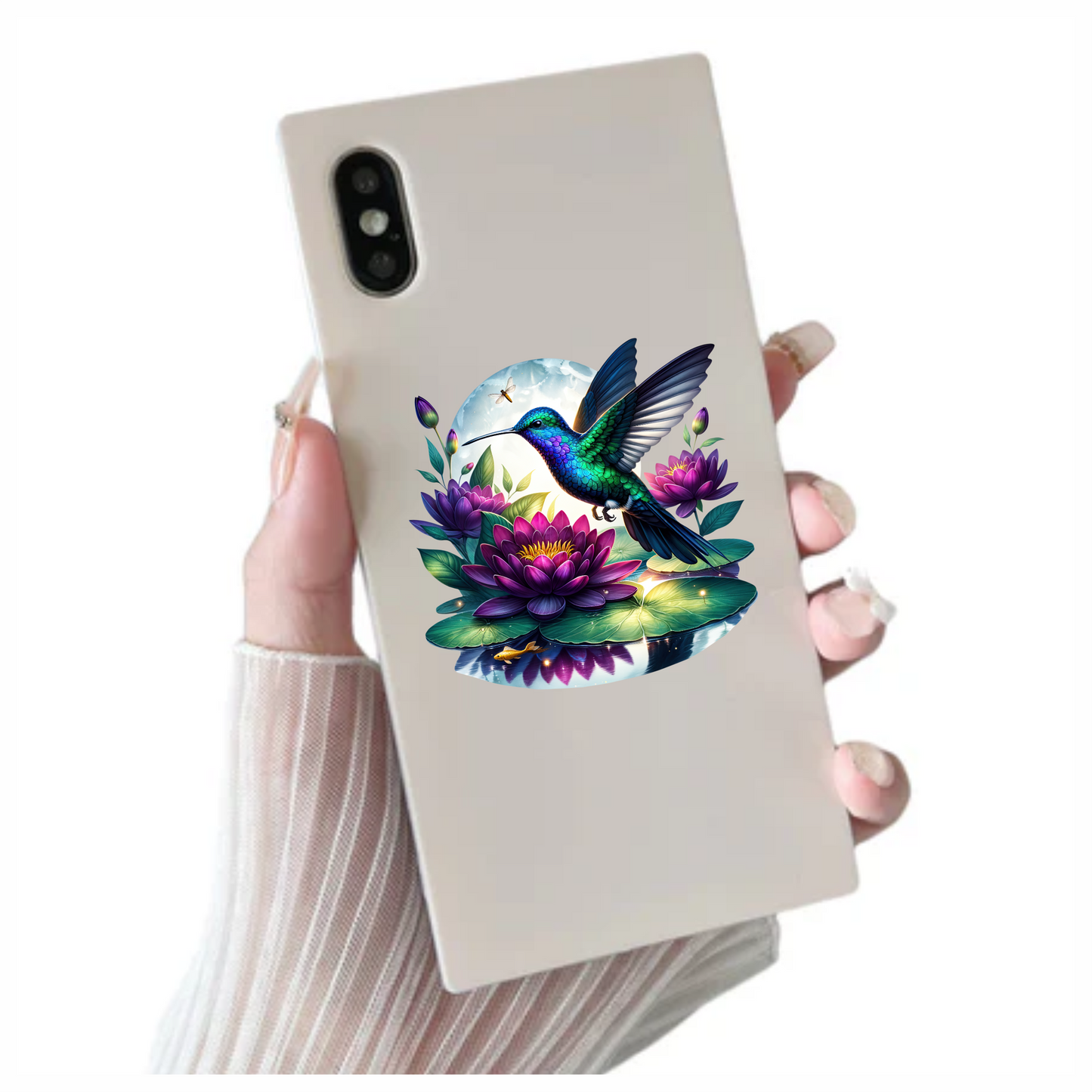 Blue Hummingbird Bird Flying Over Lilies Vinyl Sticker Decal