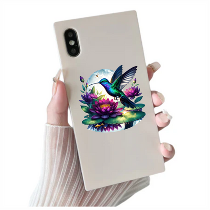 Blue Hummingbird Bird Flying Over Lilies Vinyl Sticker Decal