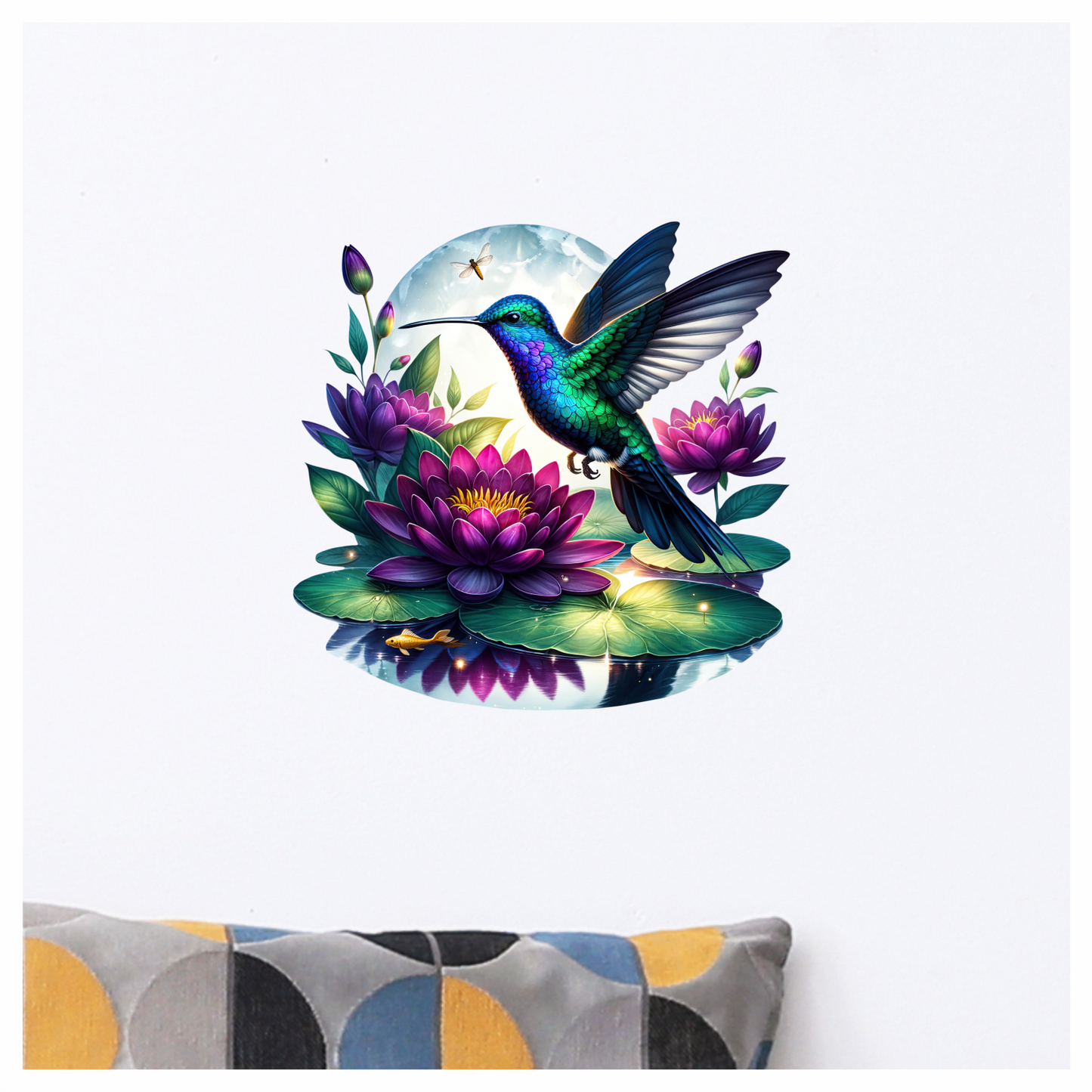 Blue Hummingbird Bird Flying Over Lilies Vinyl Sticker Decal
