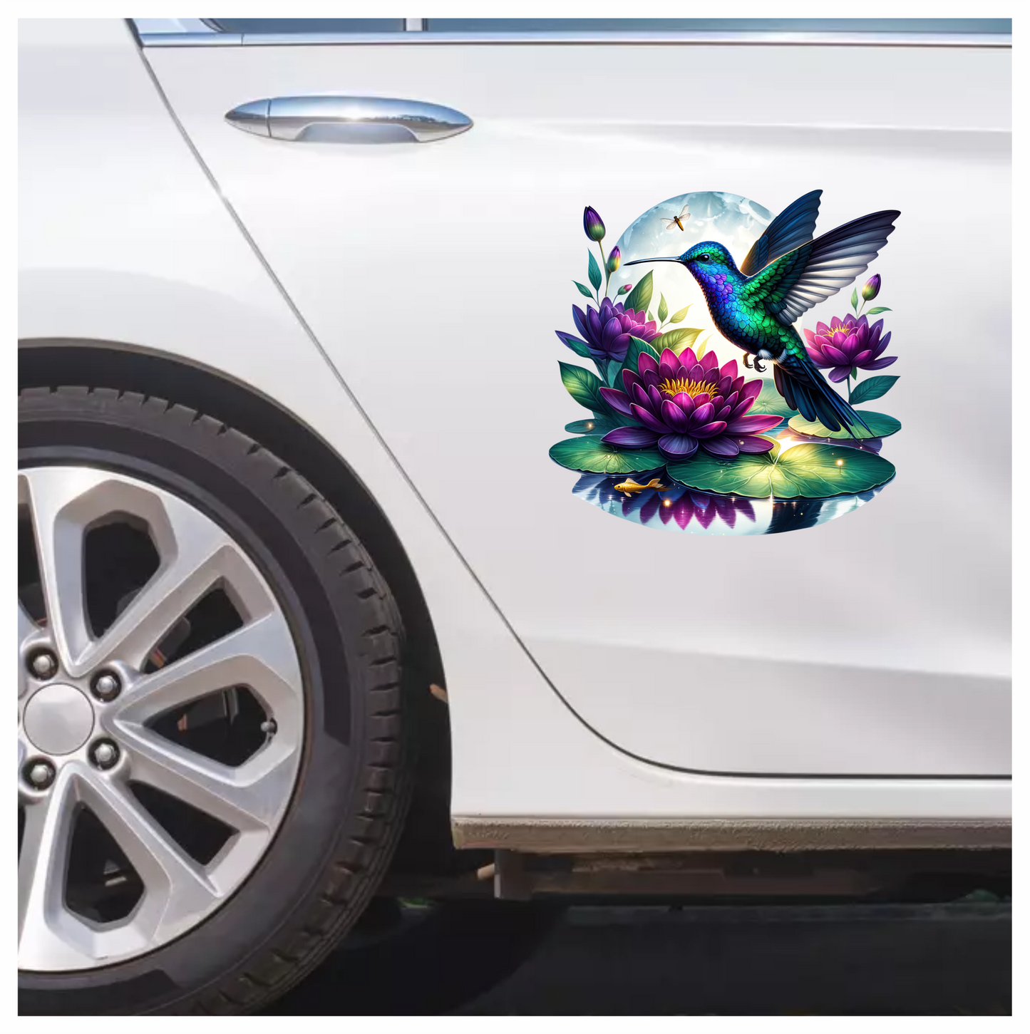 Blue Hummingbird Bird Flying Over Lilies Vinyl Sticker Decal