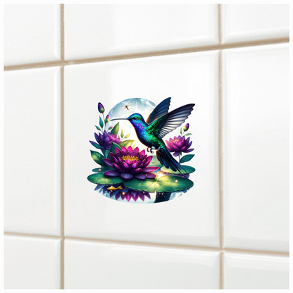 Blue Hummingbird Bird Flying Over Lilies Vinyl Sticker Decal