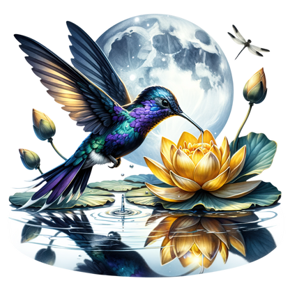 Blue Hummingbird Bird Hovering Over Lotus Vinyl Sticker Decal